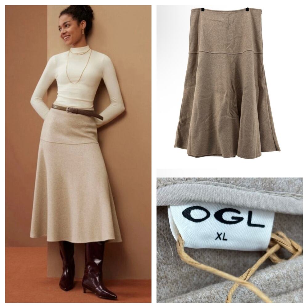 OGL Move Fuzz Luxe Wool-like Flared Midi Skirt Heather Oatmeal XL Light Academia
